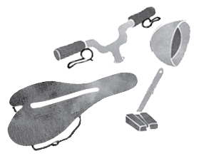 illustration von diversen Fahrradkomponenten wie Sattel, lenker usw.