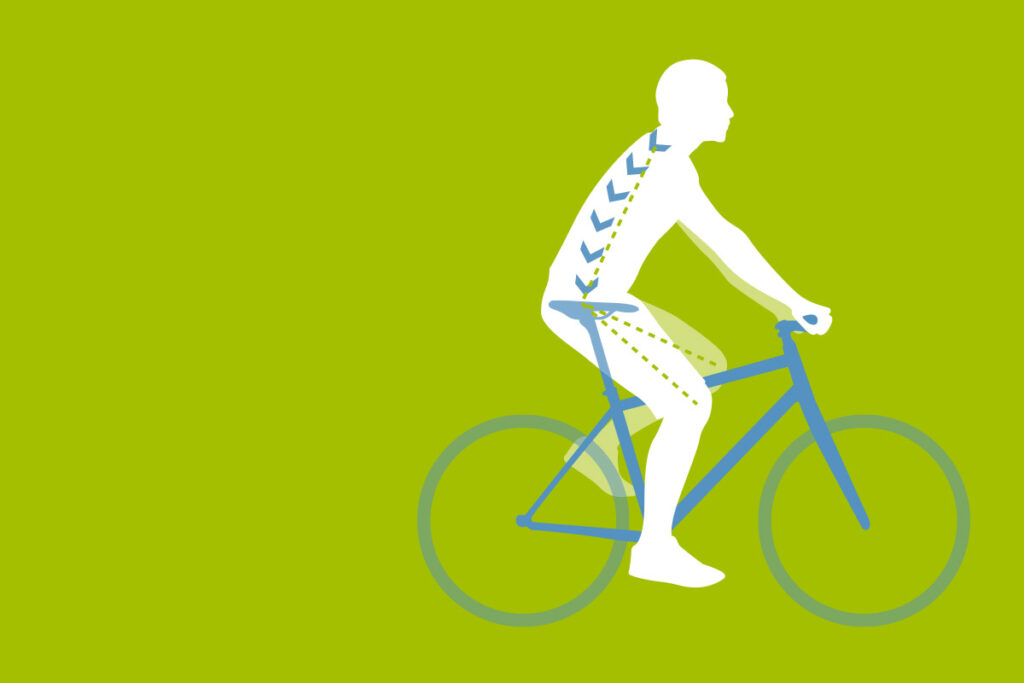 Schematische Darstellung einer ergonomisch positionierten Person auf einem Fahrrad.